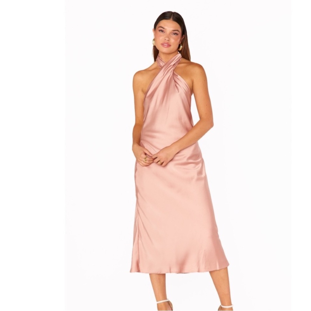 Show Me Your MuMu Jasmine Dress Rose Gold Luxe Satin Halter Midi